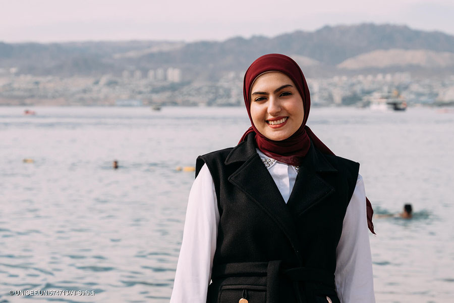 Mariam, 22, is youth climate leader in Aqaba, Jordan’s only coastal city. She is part of Sawn, a programme of UNICEF Jordan and national partner for youth climate action. © UNICEF/UNI574713/Al-Safadi